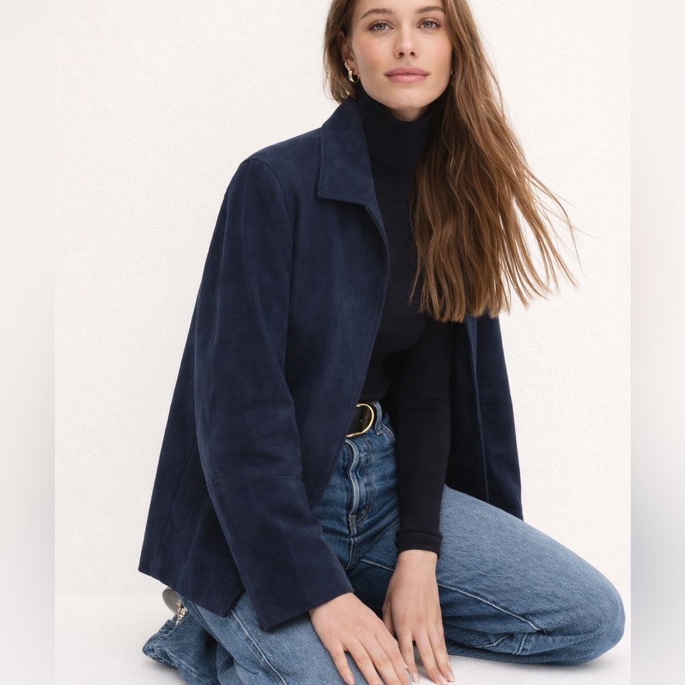 Peck & Peck Weekend Women’s Navy Blue 100% Leather Open Front Lined Jacket